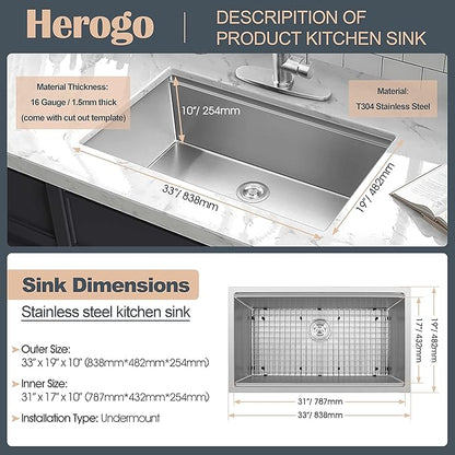 Herogo Kitchen Sink, 33 x 19 Inch Large Farmhouse Undermount Kitchen Sink, 18/10 Stainless Steel R10 Corner 10 Inch Deep Workstation Single Bowl with Accessories