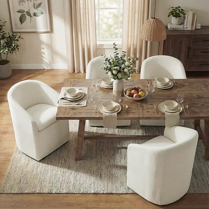 KISLOT Upholstered Dining Chairs with Casters, Washable Cover Modern Dining Room Chairs with Barrel Backrest & Dual Armrest for Kitchen, Living Room, Bedroom, Linen Fabric, 2PCS