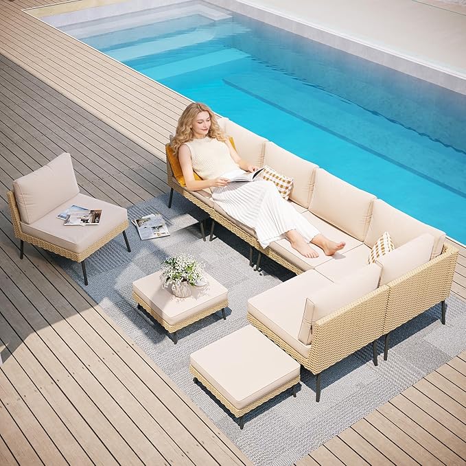 Aoxun 8-Piece Patio Furniture Set, Wicker Outdoor Furniture with Water Resistant Thick Cushions, Patio Conversation Set Outdoor Sectional Sofa with Coffee Table for Backyard Poolside, Beige