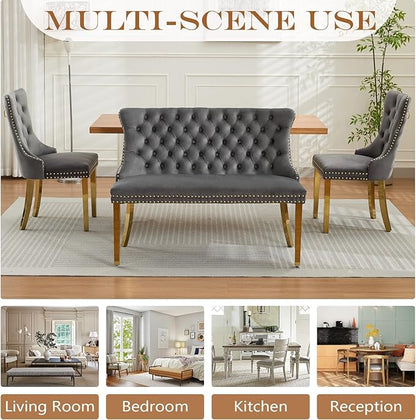 45.6in Upholstered Dining Bench, Mid-Century Modern Kitchen Room Bench with Tufted Back and Metal Legs, Velvet Small Sofa Couch Bench, Grey Gold