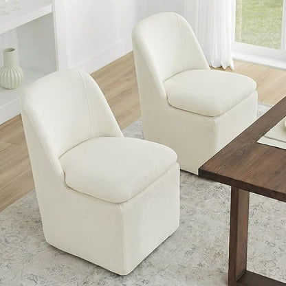 KISLOT Upholstered Dining Chairs Set of 1 with Casters, Modern Side Armless Deskchair with Washable Slipcover & Sturdy Metal Frame for Diningroom Bedroom Livingroom Reading Room, Beige Fabric
