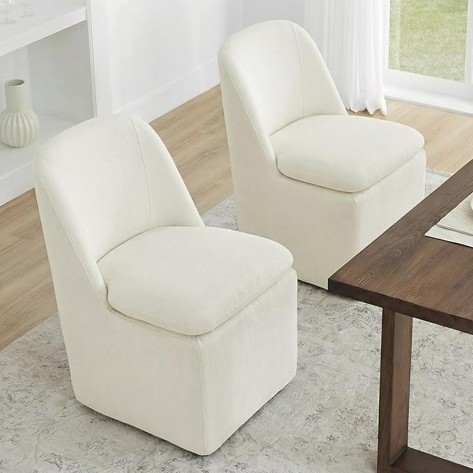 KISLOT Upholstered Dining Chairs Set of 4 with Casters, Modern Side Armless Deskchair with Washable Slipcover & Sturdy Metal Frame for Diningroom Bedroom Livingroom Reading Room, Beige Fabric