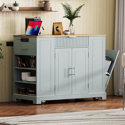 Merax Fluted Kitchen Island with Trash Can Storage Cabinet, Power Outlet, Internal Storage Rack, Rolling Kitchen Storage Cart on 5 Wheels with 3 Drawer, 3 Open Side Racks, Gray