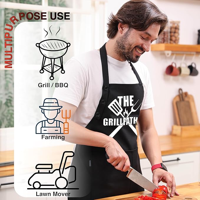TOSHEX Funny Apron Waterdrop Resistant 100% Cotton Aprons for Women with Pockets Chef (1, Black - THE GRILLFATHER)