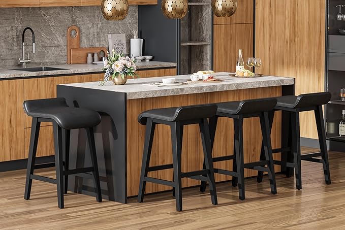 IDEALHOUSE 26.2" Solid Wood Bar Stools Set of 4, Counter Height Bar Stools with Wide PU Leather Upholstered Seat, Barstools Set for Kitchen Islands, Counter Bars, Black