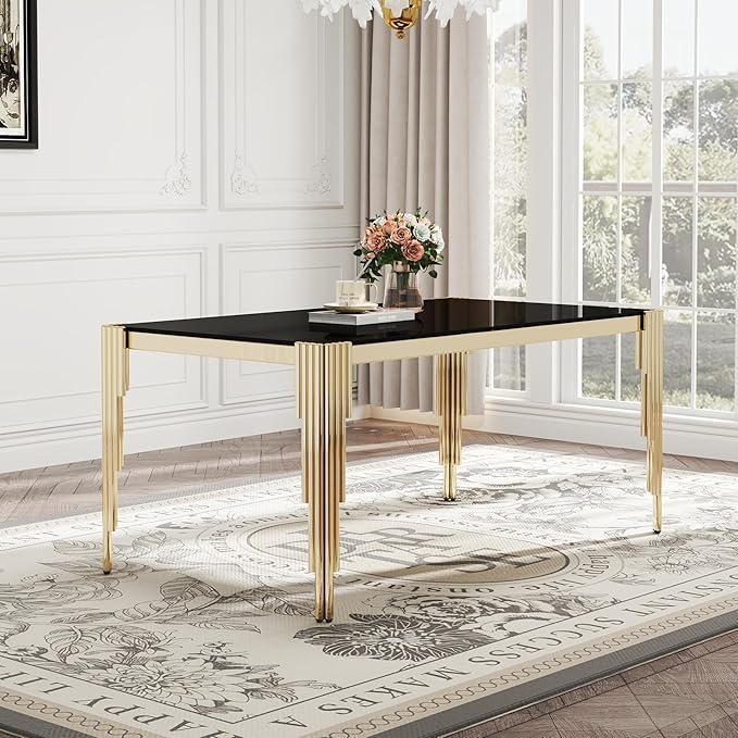 Modern Rectangle Glass Dining Table, 65" Black Tempered Glass Desktop with Gold Mirrored Stainless Steel Legs, Stylish Elegant for 6 People, for Kitchen, Living Room, Office