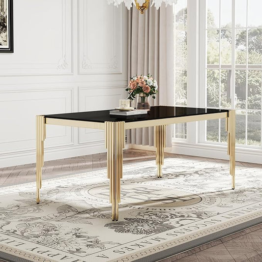 Modern Rectangle Glass Dining Table, 65" Black Tempered Glass Desktop with Gold Mirrored Stainless Steel Legs, Stylish Elegant for 6 People, for Kitchen, Living Room, Office
