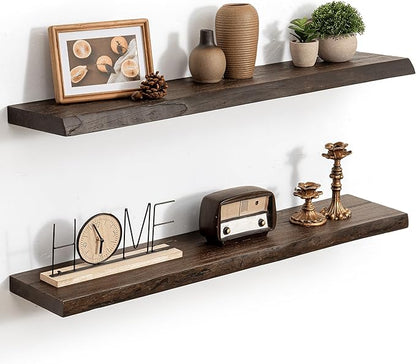 36 Inch Live Edge Floating Shelves, 8 Inch Deep Solid Elm Wood Wall Shelf, Heavy-Duty Wall Mounted Shelf with Invisible Brackets for Living Room, Bathroom, Kitchen, Set of 2, Walnut Color