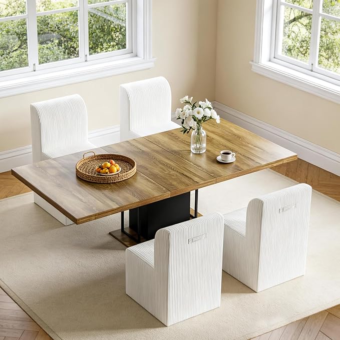 Modern Corduroy Upholstered Armless Dining Chair Set of 4, Comfortable Dining Room Chair Side Leisure Chairs with Mid Back for Dining Room Kitchen Bedroom Reading Room, No Assemble, Beige