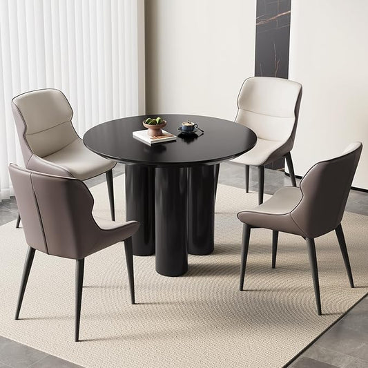 Miuuod 5 Pieces 39.37" Black Round Dining Table and 4 Upholstered Chairs for 4-6 Person, MDF Table-top, Light Velvet Chairs with Black Metal Leg for Kitchen, Reception Room,Round Coffee Table Set