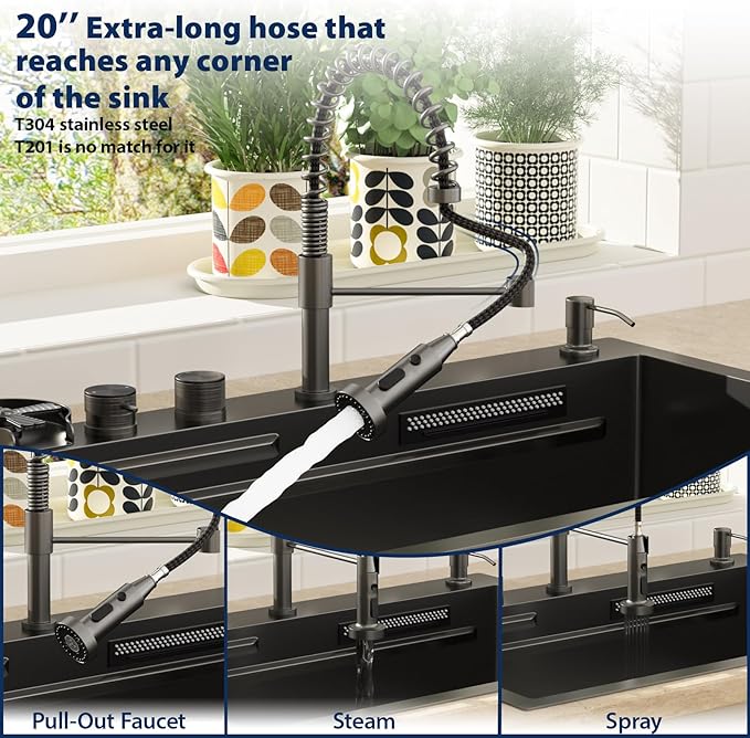 Lordear 30 Drop In Kitchen Sink with Faucet 30x22 Inch Black Waterfall Kitchen Sinks Topmount Stainless Steel 16 Gauge Single Bowl Workstation Kitchen Sink With Faucet Combo