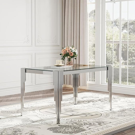 Modern Rectangle Glass Dining Table for 4-6 People, 53" Clear Tempered Glass Desktop with Silver Mirrored Stainless Steel Legs for Apartments, Dinner, Home Office