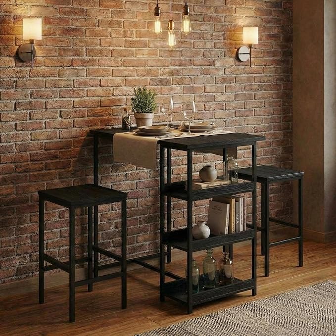 IDEALHOUSE 36" Counter Height Dining Table Set for 2 with Bar Stools and Storage Shelves, Space-Saving Kitchen Table for Small Space, Apartment, Studio, Black