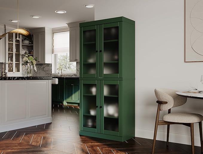 Palace Imports 100% Solid Wood Kitchen Pantry w/ 4 Frosted Glass Doors, Green, 32" w x 71.5" h, Renewable Eco-Friendly Wood, Made in Brazil