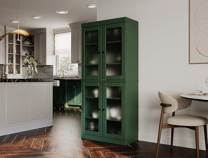 Palace Imports 100% Solid Wood Kitchen Pantry w/ 4 Frosted Glass Doors, Green, 32" w x 71.5" h, Renewable Eco-Friendly Wood, Made in Brazil