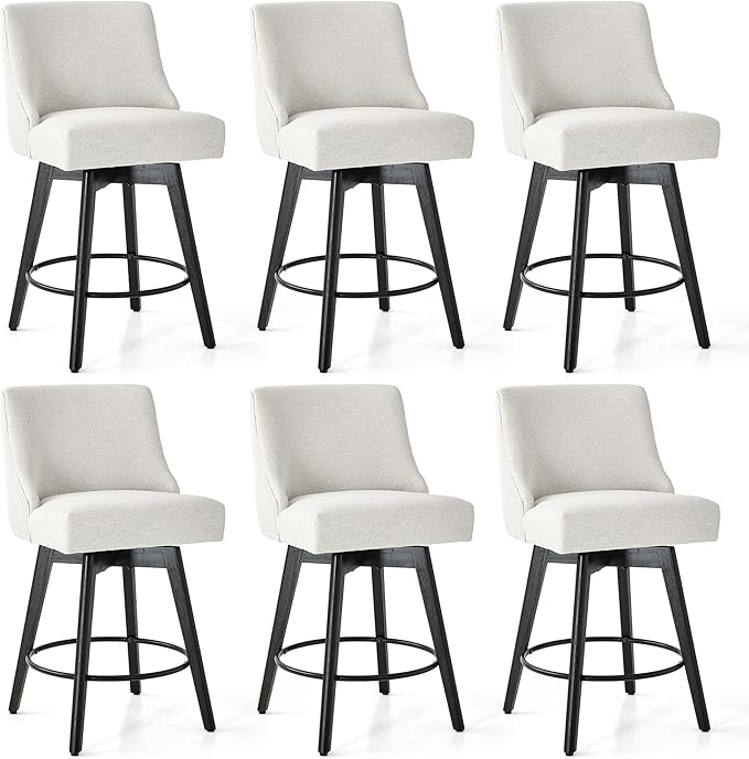 Counter Height Bar Stools Set of 6, Swivel Barstools with Backs and Wood Legs, Linen Fabric Upholstered Counter Stools for Kitchend Island, Mid-Century Modern 26" Seat Height Bar Chairs, Cream