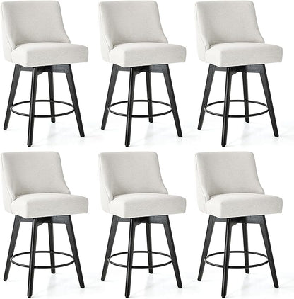 Counter Height Bar Stools Set of 6, Swivel Barstools with Backs and Wood Legs, Linen Fabric Upholstered Counter Stools for Kitchend Island, Mid-Century Modern 26" Seat Height Bar Chairs, Cream