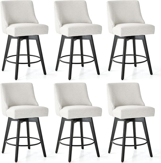 Counter Height Bar Stools Set of 6, Swivel Barstools with Backs and Wood Legs, Linen Fabric Upholstered Counter Stools for Kitchend Island, Mid-Century Modern 26" Seat Height Bar Chairs, Cream