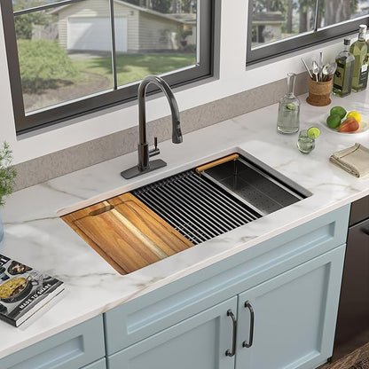 33 Undermount Kitchen Sink Black - Fulorni 33"x19" Kitchen Sink Ledge Workstation Gunmetal Black NANO-PVD 16 Gauge 304 Stainless Steel Under Counter Single Bowl Basin