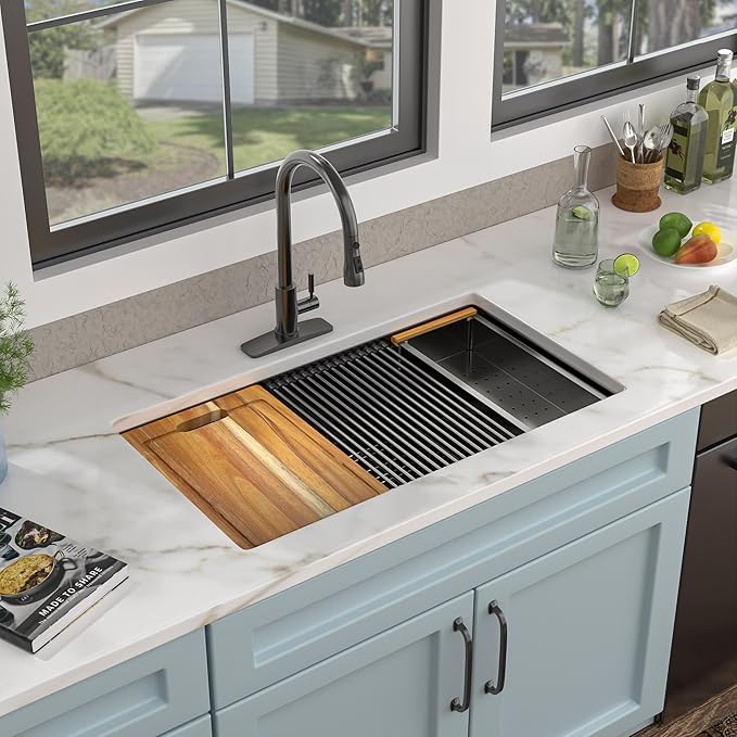 28"x18" Undermount Black Kitchen Sink Workstation – Gunmetal Black NANO-PVD, 16 Gauge 304 Stainless Steel, Under Counter Round Corners Single Bowl Sink Basin