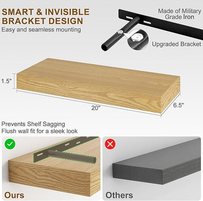 Fun Memories Floating Shelves for Wall, 20Inch Floating Shelves Set of 2, Hanging Shelf with Invisible Brackets, Wood Shelves for Living Room, Bedroom, Kitchen, Oak