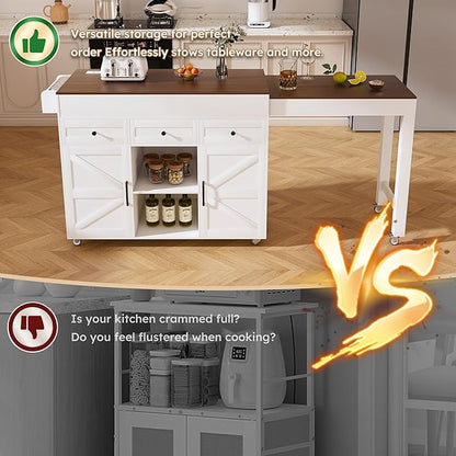 KEIKI 74.8" Kitchen Island with Extendable Dining Table, Rolling Cart with Power Outlet, 3 Drawers & Storage Cabinet on Wheels for Kitchen, Dining Room, White