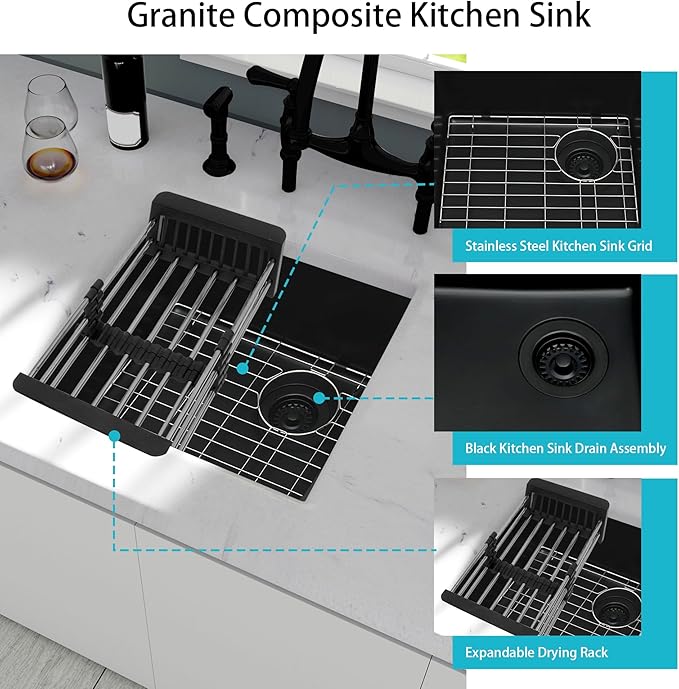 Black Bar Sink,Black Granite Composite Kitchen Sink With Accessories,19 Inch Undermount Quartz Stone Kitchen Sinks,19" x 17" x 9 Black Kitchen Sink with Offset Drain