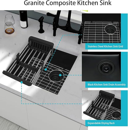 Black Bar Sink,Black Granite Composite Kitchen Sink With Accessories,19 Inch Undermount Quartz Stone Kitchen Sinks,19" x 17" x 9 Black Kitchen Sink with Offset Drain