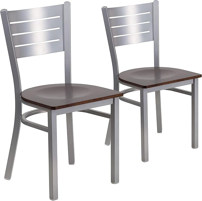 Flash Furniture 2 Pk. HERCULES Series Silver Slat Back Metal Restaurant Chair - Walnut Wood Seat