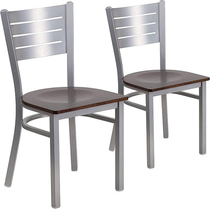 Flash Furniture 2 Pk. HERCULES Series Silver Slat Back Metal Restaurant Chair - Walnut Wood Seat