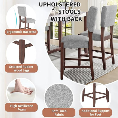 Mid Century Modern Bar Stools Set of 4, 40.4" Counter Stools with Back, Linen Upholstered Barstools Chairs for Kitchen Island Dining Room, Beige，Grey