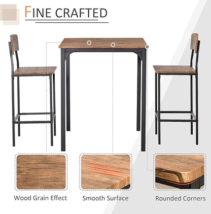 3 Piece Bar Table Set with Steel Legs & Footrests White Industrial Counter Height Dining Table for Small Spaces Kitchen Home Decor,Rustic Brown