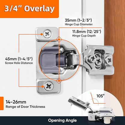 Decobasics 6 Pack Soft Close Cabinet Hinges – 3/4" Overlay for Kitchen Cabinet Doors, Face Frame Concealed Hidden Hinges – Stainless Steel, Self-Closing with 3-Way Adjustment & Slow Close Damper