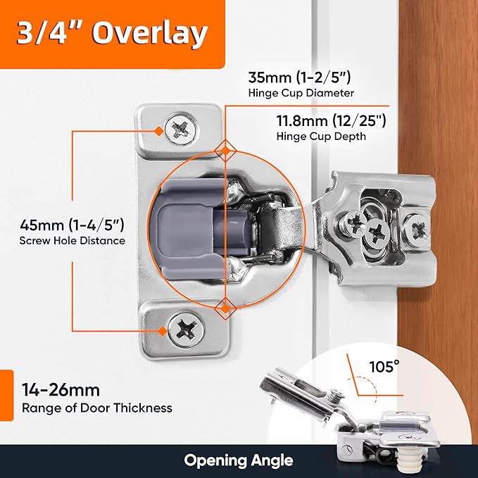 Decobasics 60 Pack Soft Close Cabinet Hinges – 3/4" Overlay for Kitchen Cabinet Doors, Face Frame Concealed Hidden Hinges – Stainless Steel, Self-Closing with 3-Way Adjustment & Slow Close Damper