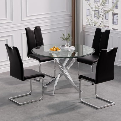 Modern Glass Dining Table Round Dining Room Table with Tempered Glass Top, Silver Stainless Steel Base Home Office Kitchen Dining Room Table Furniture, 36" D x 36" W x 30" H