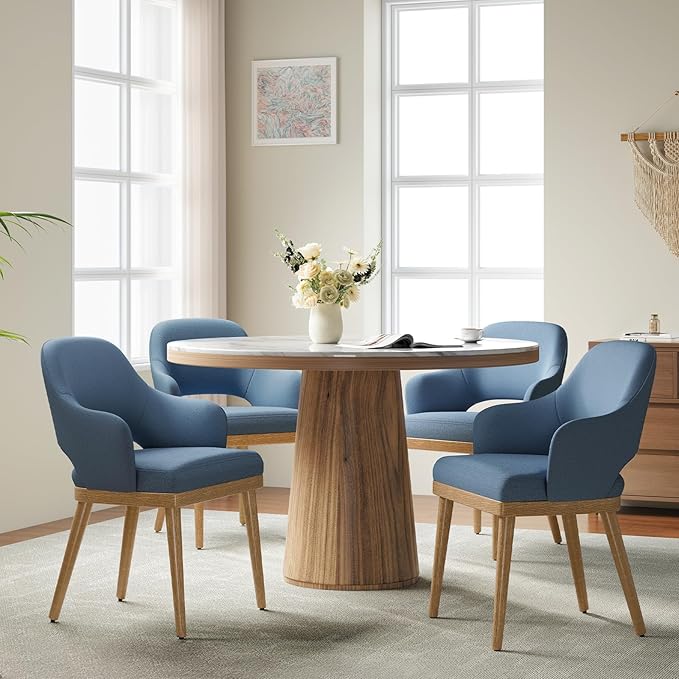 MALOL Wooden Dining Chairs Set of 4, Modern Fabric Upholstered Dining Room Chair, Kitchen Side Chairs, Farmhouse Dinner Chair with Open Back for Kitchen, Blue