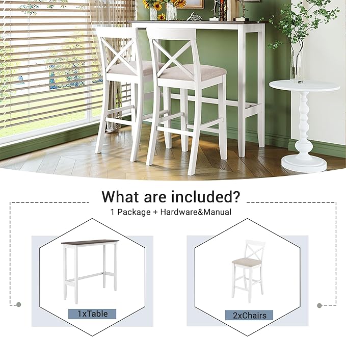 3 Piece Dining Table Set, Farmhosue Kitchen Bar Table Set with 2 Upholstered Chairs, Solid Wood Bar Table and Chairs Set for Kitchen, Dining Room, Living Room, Home Bar, White