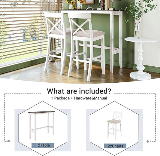 3 Piece Dining Table Set, Farmhosue Kitchen Bar Table Set with 2 Upholstered Chairs, Solid Wood Bar Table and Chairs Set for Kitchen, Dining Room, Living Room, Home Bar, White