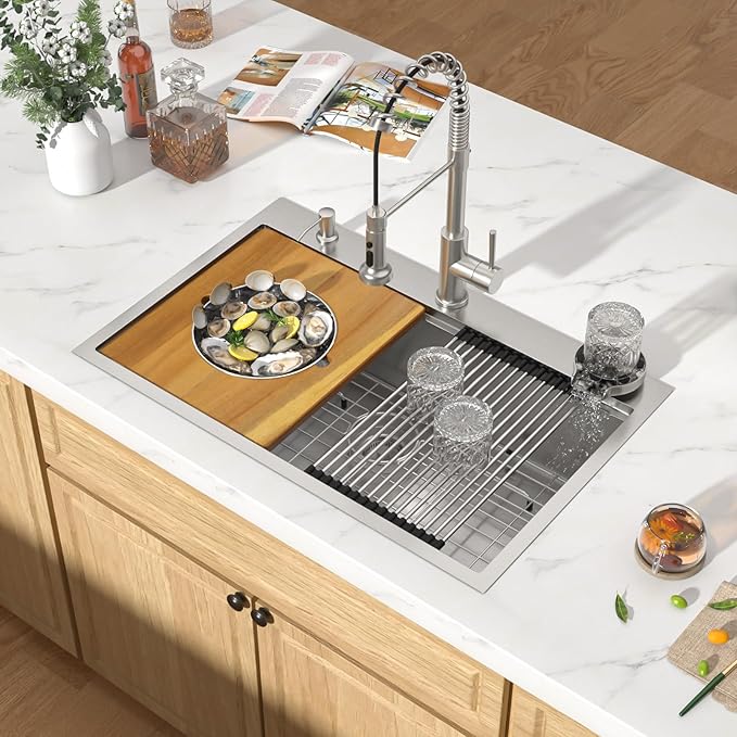 36x22 Inch Drop In Kitchen Sink - Workstation 16 Gauge 304 Stainless Steel Single Bowl Large Three-Holes Sink with Cup Washer, Mixing Bowl, Cutting Board, and Pasta Strainer #TLT-0045
