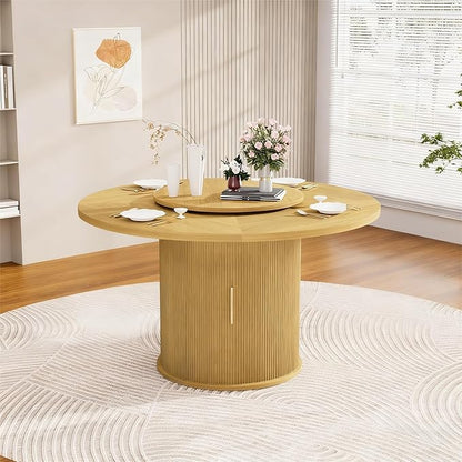 55 inch Round Dining Table for 4-6, Round Wooden Dining Table with Rotating Tabletop Tray & Sliding Door Base, Modern Farmhouse Kitchen Table with 2 Tier Storage Shelf for Kitchen Living Room, Natural
