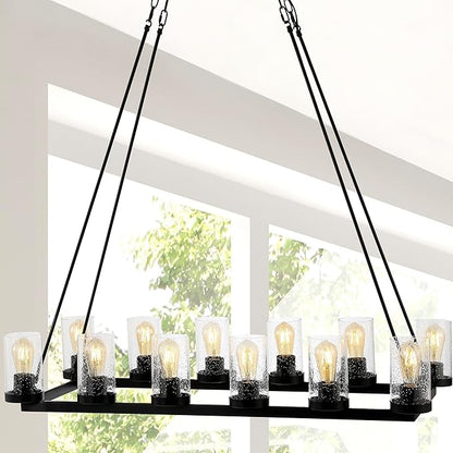 JONATHAN Y 45.5" Oil Rubbed Bronze 12-Light Rustic Farmhouse LED Chandelier, Round Metal Wagon Wheel Pendant Lighting for Dining Room Kitchen with Seeded Glass Shade (JYL7555A)