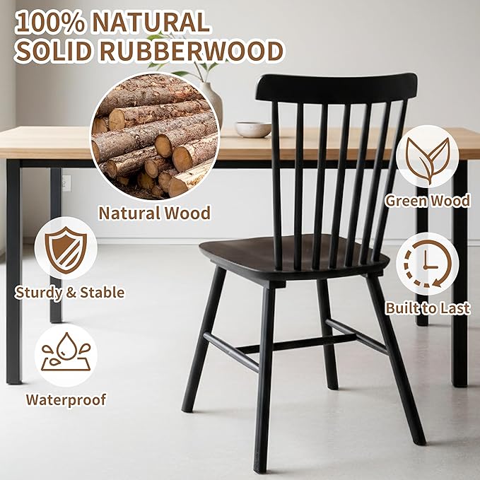 Windsor Dining Chairs Set of 8, Farmhouse Solid Wood Kitchen Chair with Spindle Back, Modern Side Dining Chairs Set for Dining Room, Kitchen, Restaurant, Black