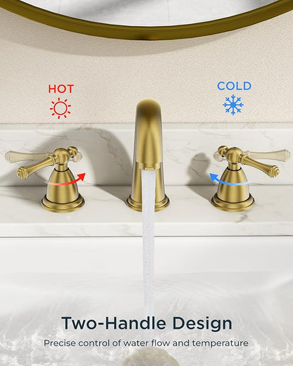 FORIOUS Brushed Gold Faucet for Bathroom Sink 3 Hole, 8 Inch Widespread Bathroom Faucet with Pop Up Drain and Water Hose Supply, 2 Lever Handles Design, for Commercial Vanity RV Lavatory Camper Sink