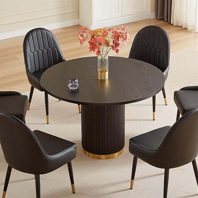 Farmhouse Round Dining Table for 6, 46.46" Luxury One-Piece Solid Wood Dining Table with Gold Stainless Steel Roman Column Pedestal Base, Mid-Century Modern Round Kitchen Table, Black