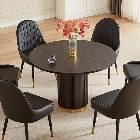 Farmhouse Round Dining Table for 6, 46.46" Luxury One-Piece Solid Wood Dining Table with Gold Stainless Steel Roman Column Pedestal Base, Mid-Century Modern Round Kitchen Table, Black