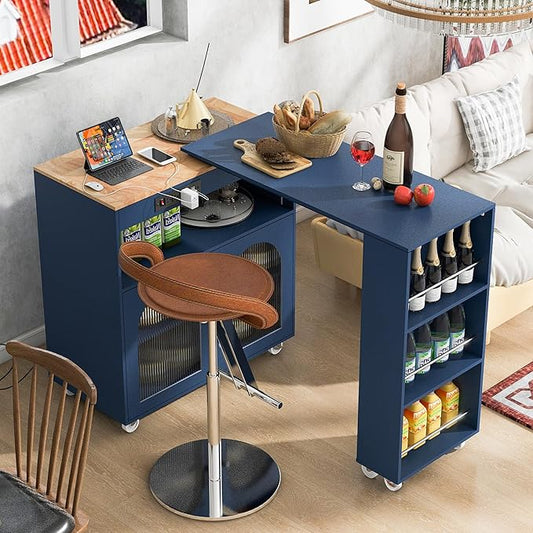 Rolling Kitchen Island with Extended Table and LED Lights,Power Outlets and 2 Fluted Glass Doors,Storage Compartment and Side 3 Open Shelves,for Kitchen (Navy Blue@r)