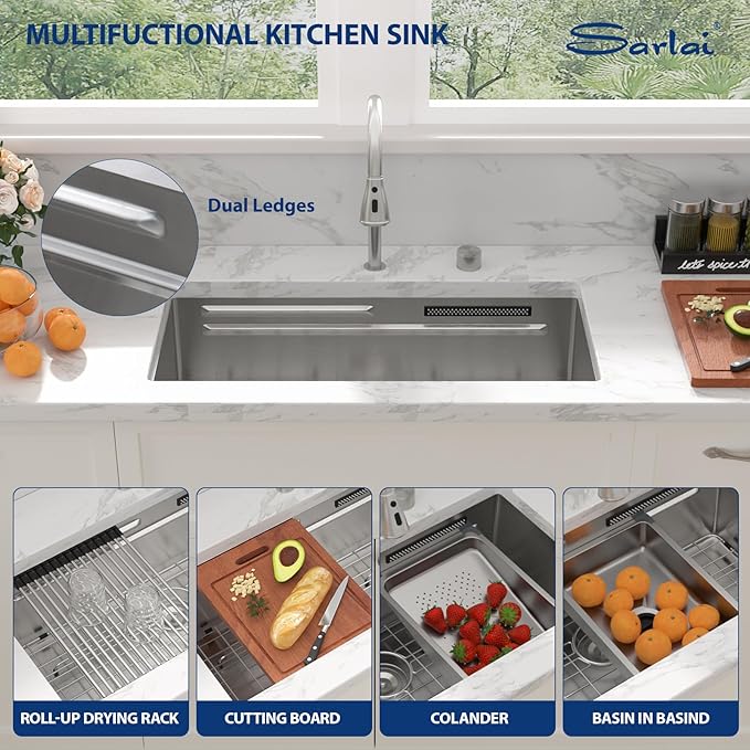 Sarlai 33 Inch Waterfall Kitchen Sink - Undermount Kitchen Sink With Waterfall Ledge Workstation Stainless Steel 16 Gauge Multifunction Single Bowl Under Mount Sinks Basin with Faucet