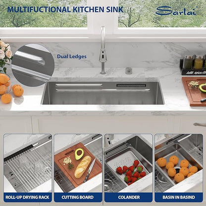 Sarlai 33 Inch Waterfall Kitchen Sink - Undermount Kitchen Sink With Waterfall Ledge Workstation Stainless Steel 16 Gauge Multifunction Single Bowl Under Mount Sinks Basin with Faucet