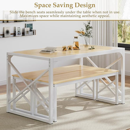 VECELO Kitchen Dining Table Benches Set for 4/6, 55" Wooden Dinette with 2 Benches, Large Embedded Desktop for Small Space, Breakfast Nook, Natural Oak