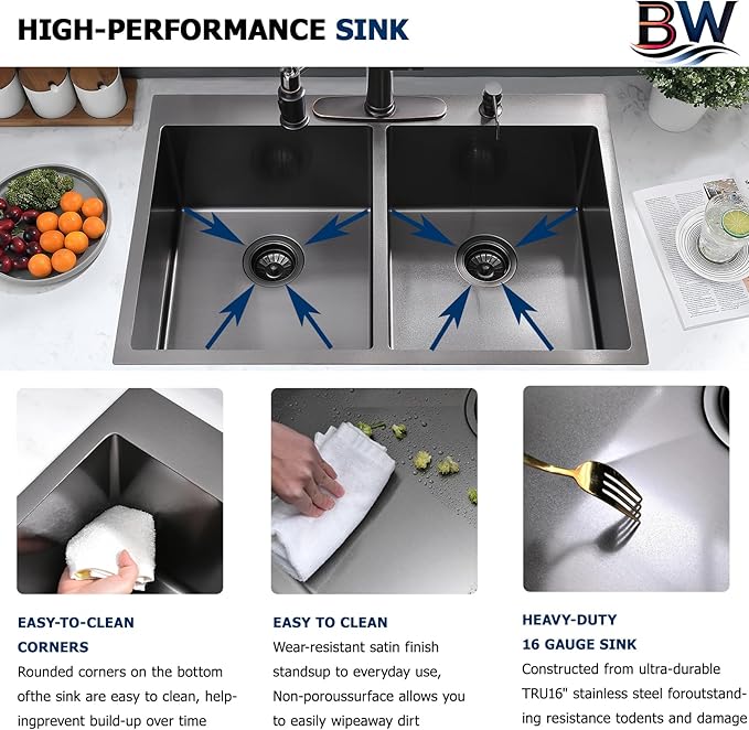 33x22 Inch Black Double Bowl Kitchen Sink Drop In - 16 Gauge Stainless Steel 50/50 Split, Top Mount Drop In Kitchen Sink Double Bowl
